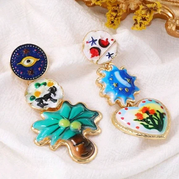 Unique Asymmetrical Colorful Enamel Dangle Drop Earrings New! - Picture 3 of 4